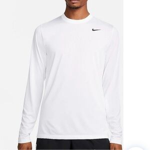 Nike Men's White Long Sleeve Tee with Black Logo Dri-fit